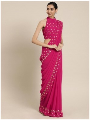 Pink Solid Poly Georgette Saree